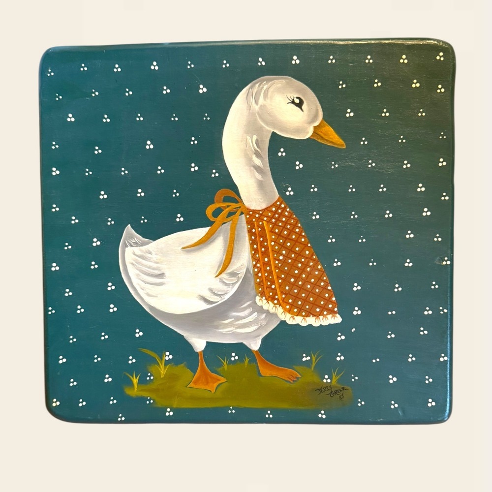 Vintage 1985 Hand Painted Wood Goose Plaque Folk Art Country Cottage Grandma
